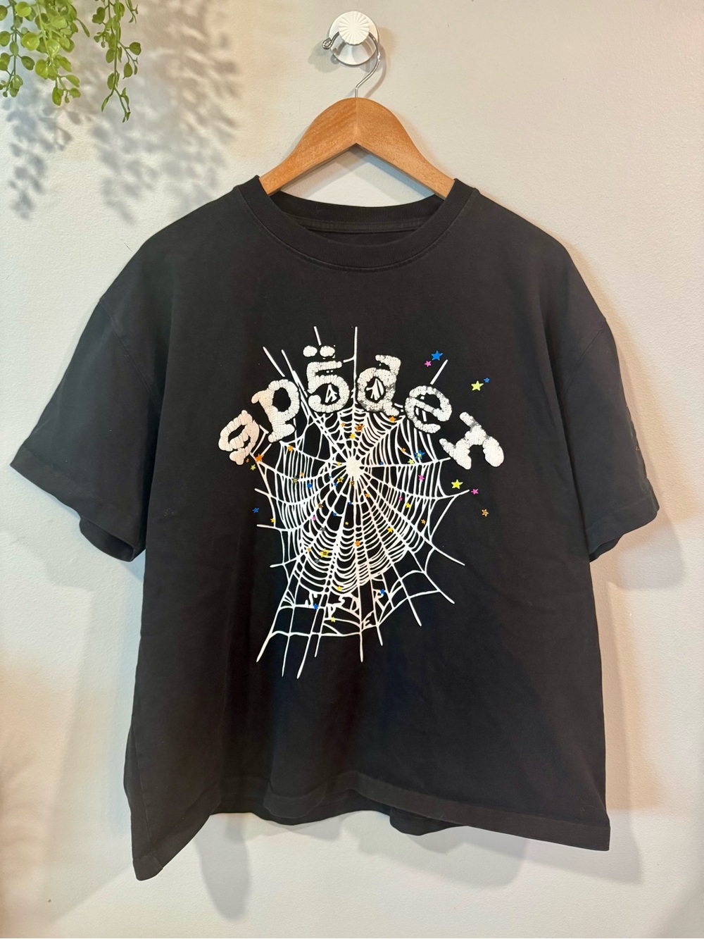 Black Mens Graphic Tee with Spiderweb Motif